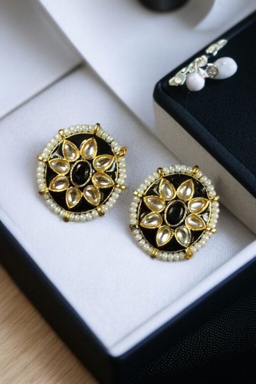 Ethnic Meenakari short earrings with stone and pearl detailing