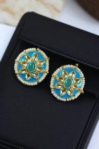Best Ethnic Meenakari Short Earrings with Stone and Pearl Detailing for Daily Wear - color: "Aqua"