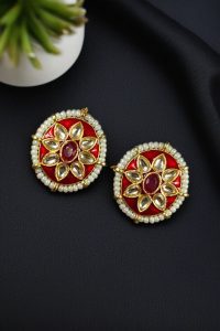 Best Ethnic Meenakari Short Earrings with Stone and Pearl Detailing for Daily Wear - color: "Red"