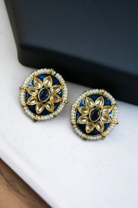 Best Ethnic Meenakari Short Earrings with Stone and Pearl Detailing for Daily Wear - color: "Blue"