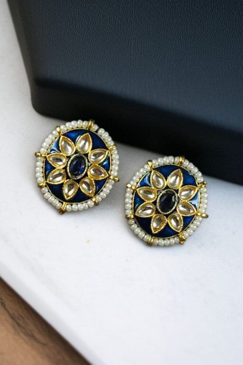 Ethnic Meenakari short earrings with stone and pearl detailing