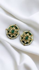 Best Ethnic Meenakari Short Earrings with Stone and Pearl Detailing for Daily Wear - color: "Green"
