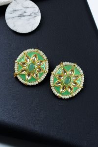 Best Ethnic Meenakari Short Earrings with Stone and Pearl Detailing for Daily Wear - color: "Mint"