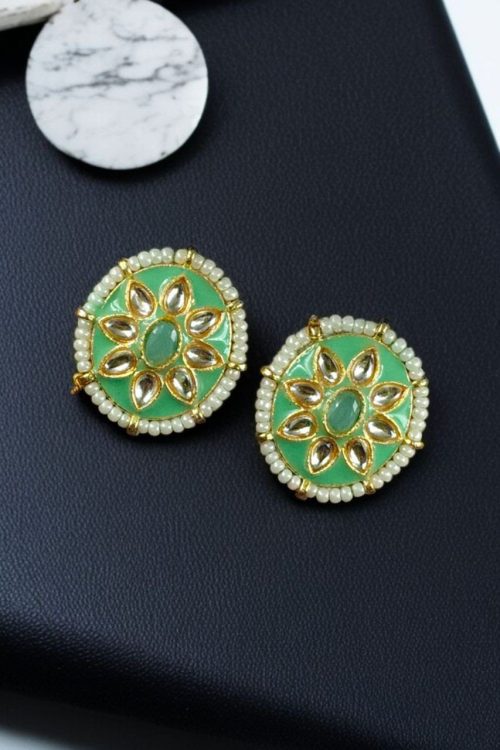 Ethnic Meenakari short earrings with stone and pearl detailing