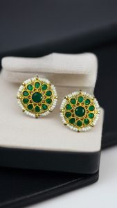 Stylish Kundan Meena Unique Stud Earrings with Gold Plating Stone and Pearl Detailing - color: "Green"