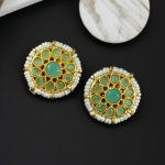 Stylish Kundan Meena Unique Stud Earrings with Gold Plating Stone and Pearl Detailing - "Mint"