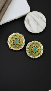Stylish Kundan Meena Unique Stud Earrings with Gold Plating Stone and Pearl Detailing - color: "Mint"