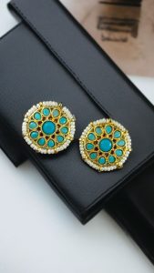 Stylish Kundan Meena Unique Stud Earrings with Gold Plating Stone and Pearl Detailing - color: "Aqua"