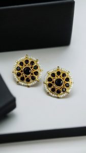 Stylish Kundan Meena Unique Stud Earrings with Gold Plating Stone and Pearl Detailing - color: "Black"