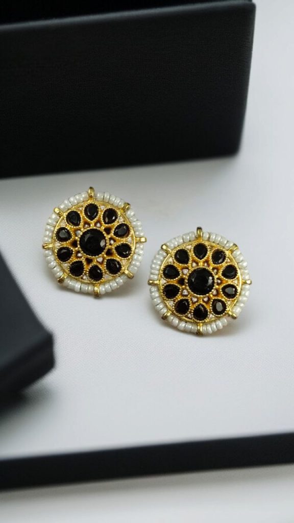 Bulk 1226 Stylish Kundan Meena Unique Stud Earrings with Gold Plating Stone and Pearl Detailing - "Black"