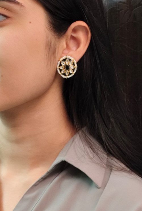 Ethnic Meenakari short earrings with stone and pearl detailing
