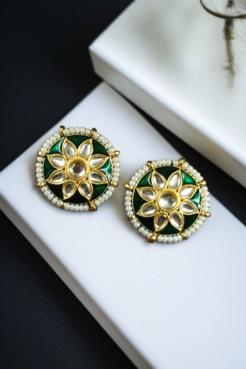 Traditional Kundan Meena flower earrings with pearl detailing