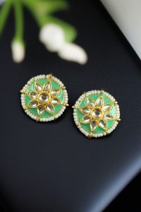 Traditional Flower Design Earrings | Kundan Meena with Unique Pearl Detailing - color: "Mint"