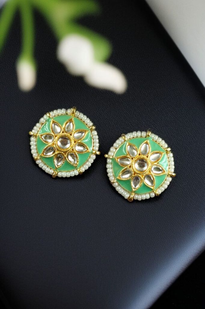 Bulk 1218 Traditional Flower Design Earrings | Kundan Meena with Unique Pearl Detailing - "Mint"