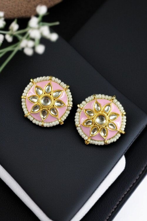 Traditional Kundan Meena flower earrings with pearl detailing