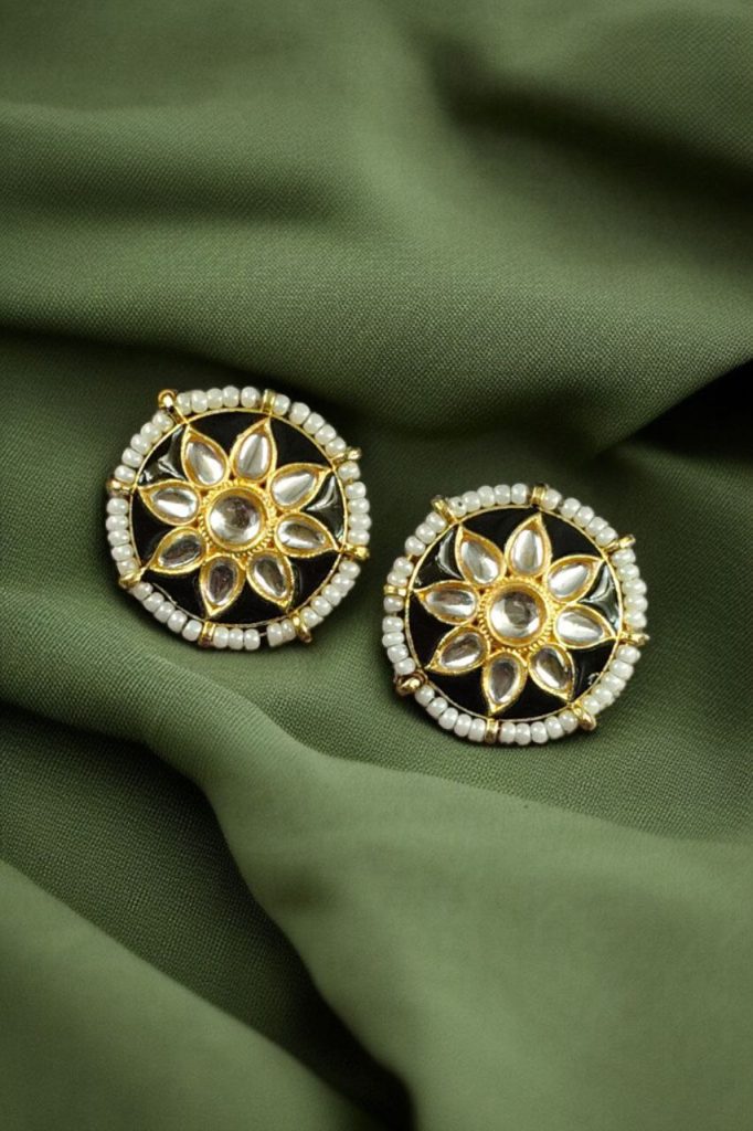 Bulk 1220 Traditional Flower Design Earrings | Kundan Meena with Unique Pearl Detailing - "Black"