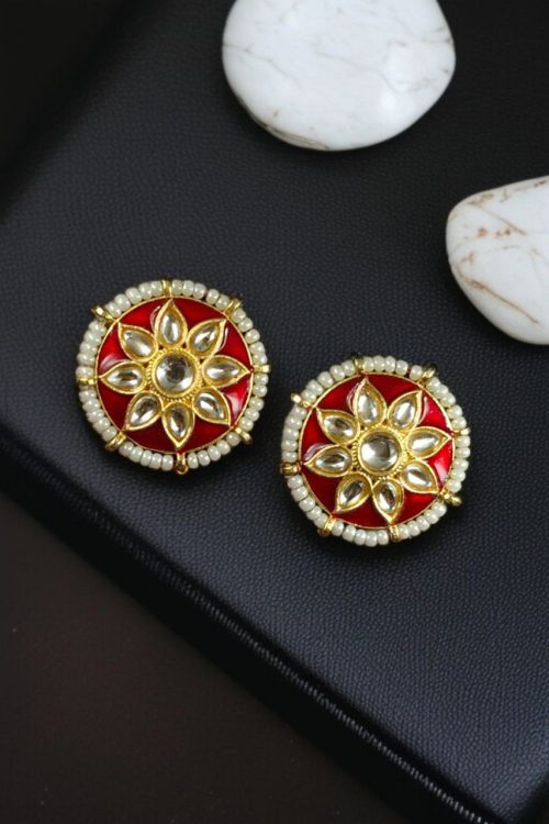 Traditional Kundan Meena flower earrings with pearl detailing