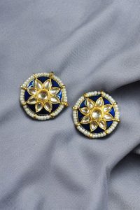 Traditional Flower Design Earrings | Kundan Meena with Unique Pearl Detailing - color: "Blue"