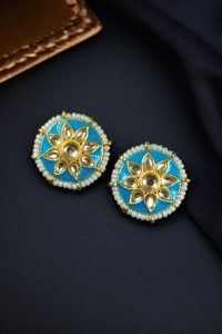 Traditional Flower Design Earrings | Kundan Meena with Unique Pearl Detailing - color: "Aqua"