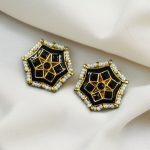 Lightweight Stud Kundan Meena Earrings | Daily Wear with Beautiful Pearl Work - "Black"