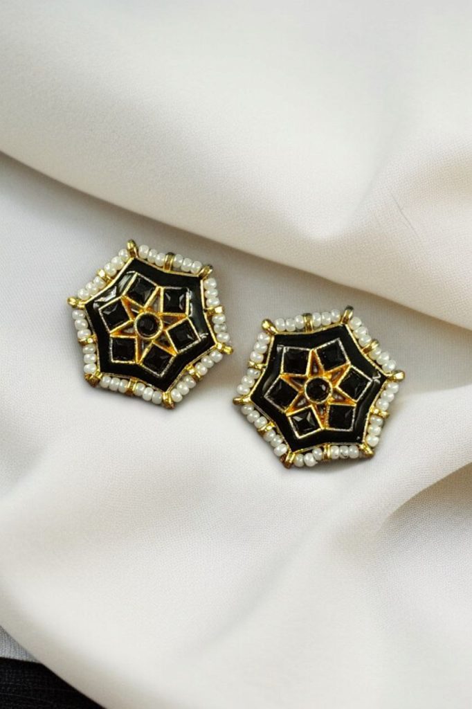 Bulk 1214 Lightweight Stud Kundan Meena Earrings | Daily Wear with Beautiful Pearl Work - "Black"