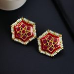 Lightweight Stud Kundan Meena Earrings | Daily Wear with Beautiful Pearl Work - "Red"