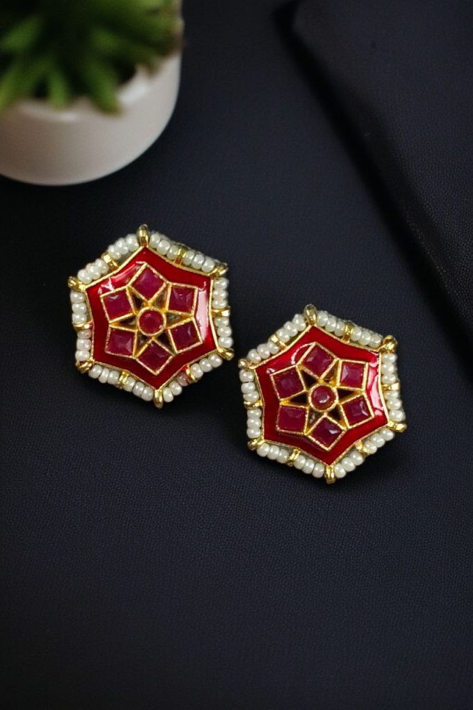 Bulk 1208 Lightweight Stud Kundan Meena Earrings | Daily Wear with Beautiful Pearl Work - "Red"