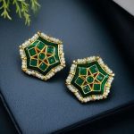 Lightweight Stud Kundan Meena Earrings | Daily Wear with Beautiful Pearl Work - "Green"