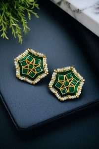 Lightweight Stud Kundan Meena Earrings | Daily Wear with Beautiful Pearl Work - color: "Green"