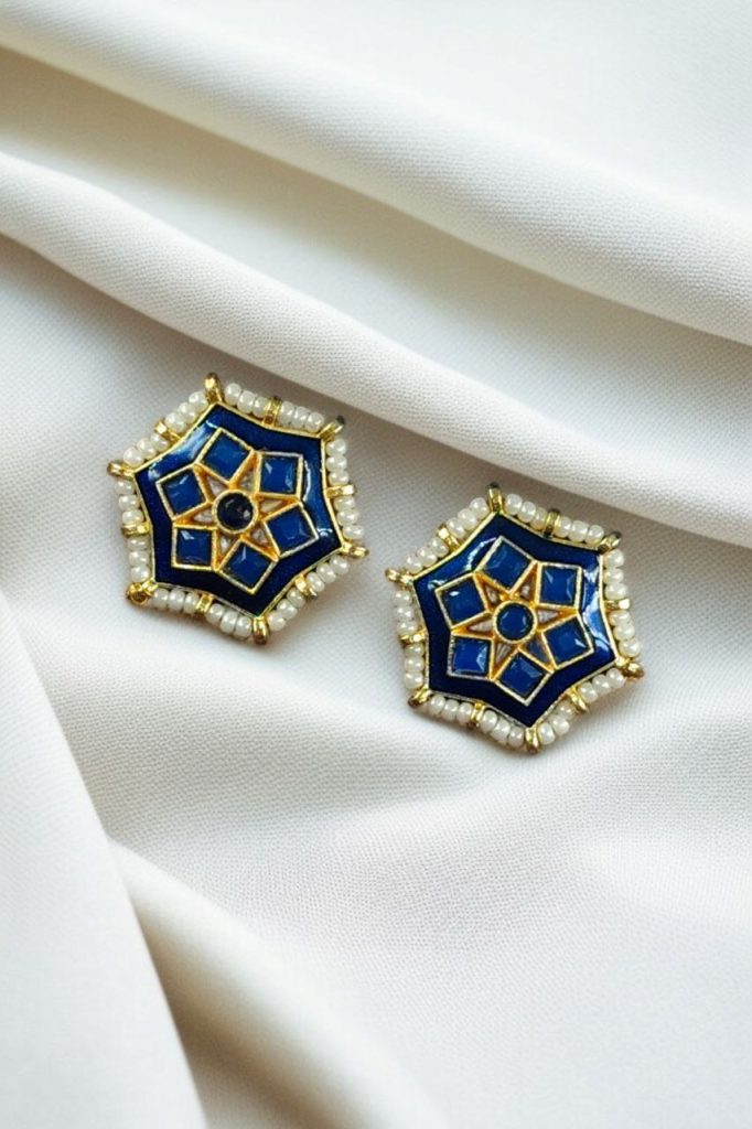 Bulk 1210 Lightweight Stud Kundan Meena Earrings | Daily Wear with Beautiful Pearl Work - "Blue"