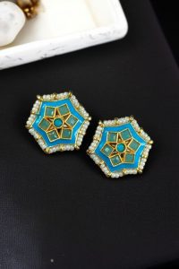 Lightweight Stud Kundan Meena Earrings | Daily Wear with Beautiful Pearl Work - color: "Aqua"
