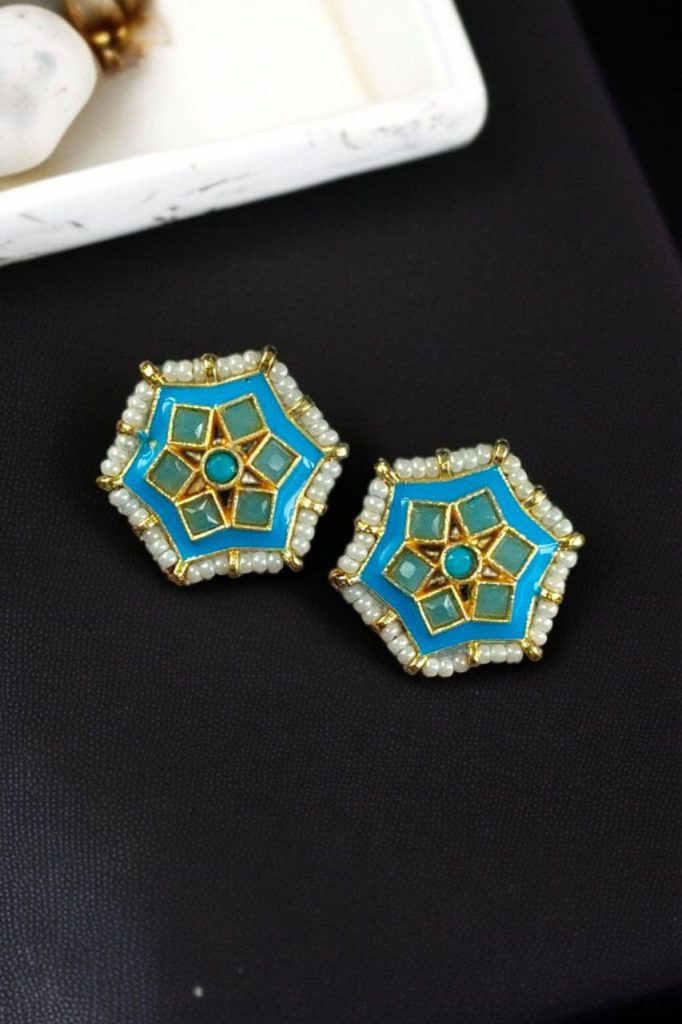 Bulk 1216 Lightweight Stud Kundan Meena Earrings | Daily Wear with Beautiful Pearl Work - "Aqua"
