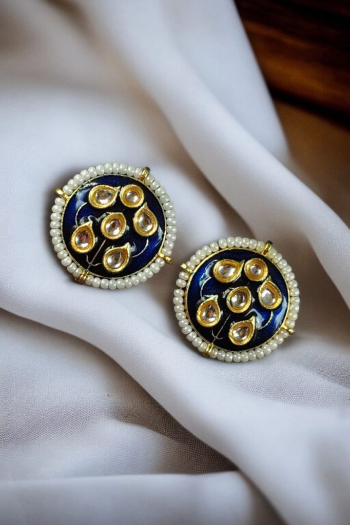 Bulk 1204 Beautiful Meenakari Golden Earrings with Elegant Pearl Detailing for Everyday Style - "Blue"