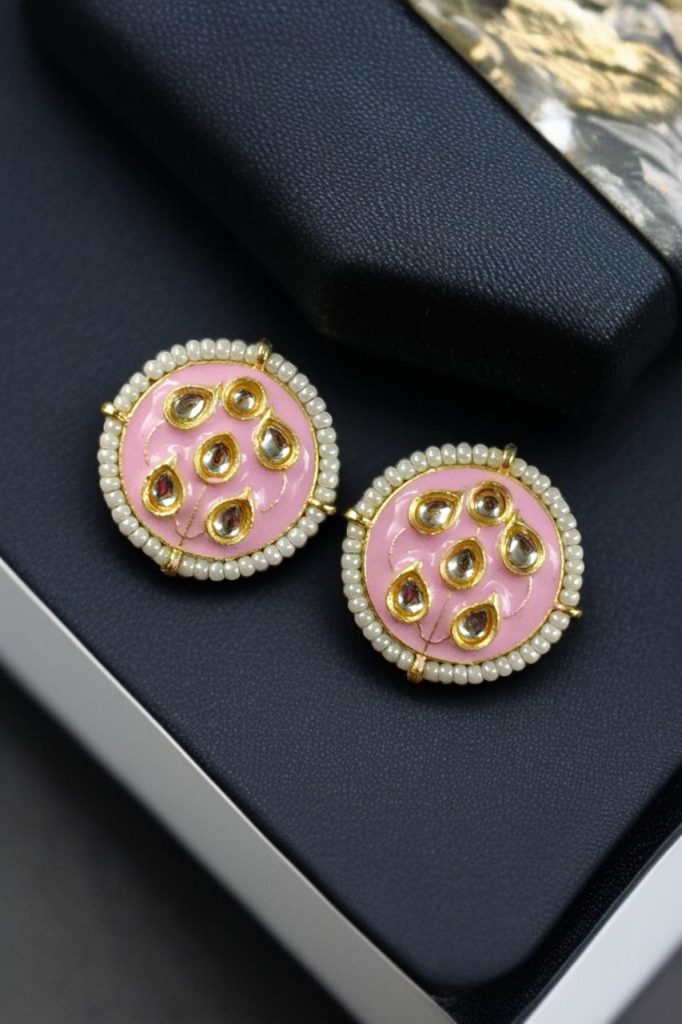 Bulk 1202 Beautiful Meenakari Golden Earrings with Elegant Pearl Detailing for Everyday Style - "Baby Pink"
