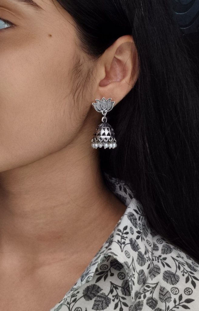 Bulk 1190 Amazing Handcrafted Oxidized Lotus Earrings with Pearl Work for Daily Wear