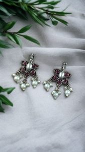 Silver Plated Unique Peacock Earrings with Pearl Detailing | Ethnic Look Stud Oxidized Jewelry - color: "Pink"