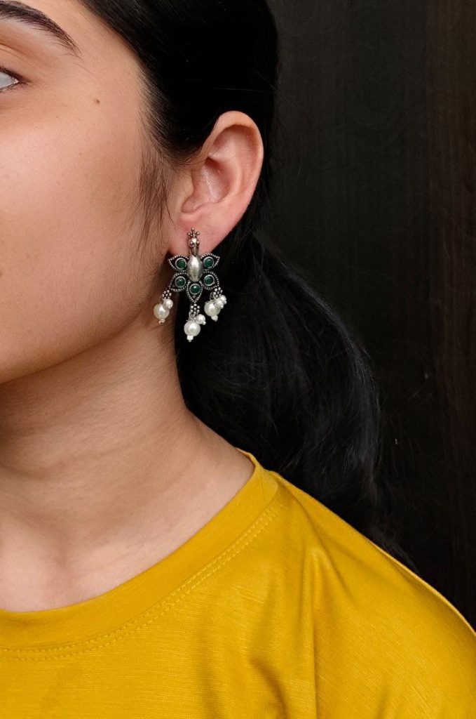 Silver Plated Unique Peacock Earrings with Pearl Detailing | Ethnic Look Stud Oxidized Jewelry