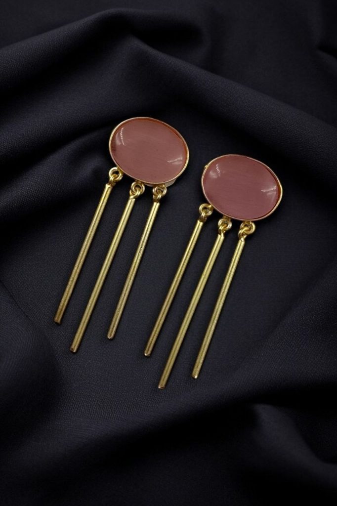 Bulk 1174 Elegant Golden Dangler Earrings with Monalisa Stone – Perfect for Ethnic or Western Look - "Baby Pink"