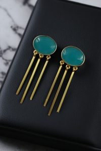Elegant Golden Dangler Earrings with Monalisa Stone – Perfect for Ethnic or Western Look - color: "Aqua"