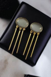 Elegant Golden Dangler Earrings with Monalisa Stone – Perfect for Ethnic or Western Look - color: "Grey"