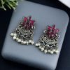 Silver-plated flower earrings with pearl detail for daily traditional wear.
