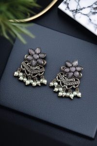 Traditional Pearl Work Earrings with Unique Flower Design in Silver Plated for Daily Wear - color: "Baby Pink"