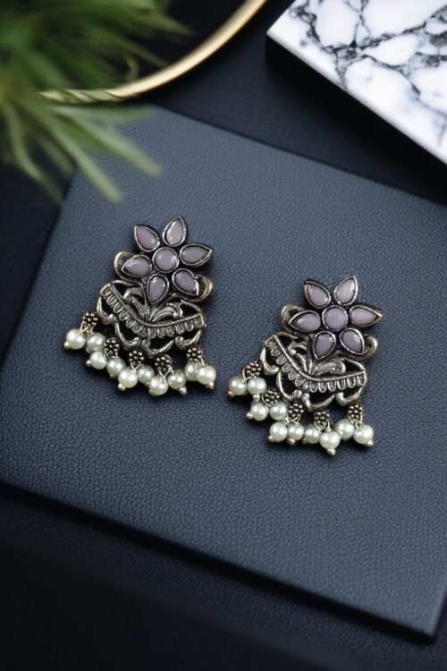 Silver-plated flower earrings with pearl detail for daily traditional wear.