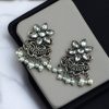 Silver-plated flower earrings with pearl detail for daily traditional wear.