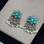 Traditional Pearl Work Earrings with Unique Flower Design in Silver Plated for Daily Wear - "Aqua"