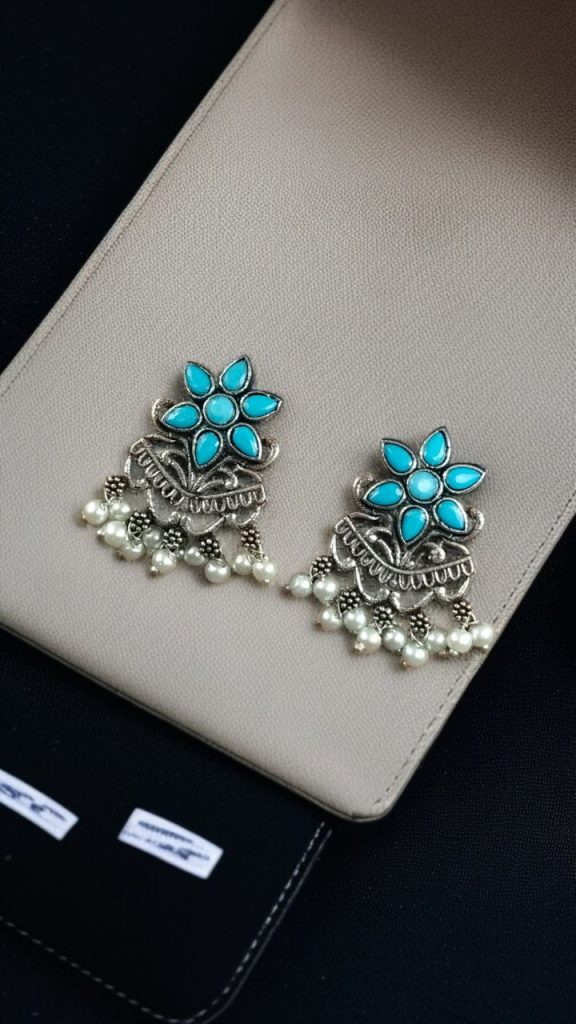 Bulk 1164 Traditional Pearl Work Earrings with Unique Flower Design in Silver Plated for Daily Wear - "Aqua"