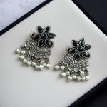 Traditional Pearl Work Earrings with Unique Flower Design in Silver Plated for Daily Wear - "Black"