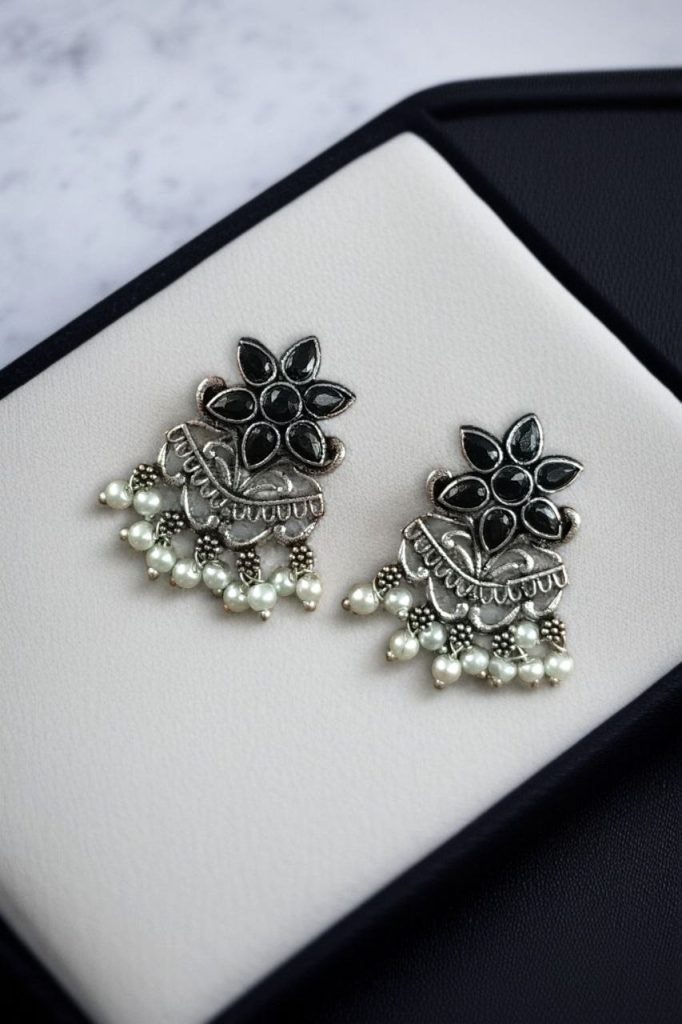 Bulk 1168 Traditional Pearl Work Earrings with Unique Flower Design in Silver Plated for Daily Wear - "Black"