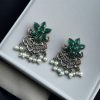 Silver-plated flower earrings with pearl detail for daily traditional wear.