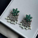 Traditional Pearl Work Earrings with Unique Flower Design in Silver Plated for Daily Wear - "Green"